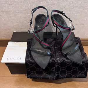 Sandalias con correa GUCCI 36C cuero negro lona punta tacón alto 10 cm para mujer - Imagen 1 de 7