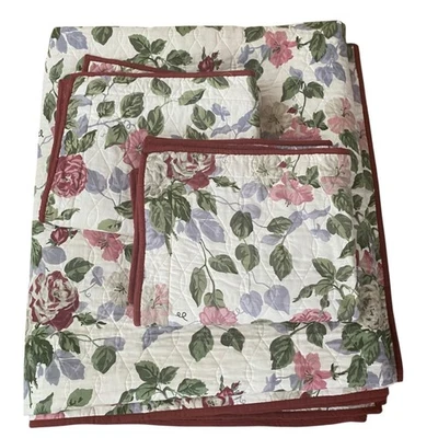 Martha Stewart Floral King Quilt 2 Shams Cotton Red Multi-Color Roses Reversible - Image 1 of 4