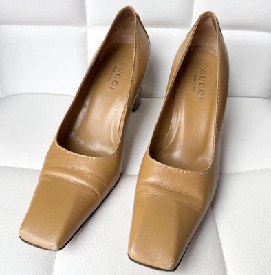 Gucci Camel Tan Leather Pumps Square Toe Chunky Block Heel Classic Pump Sz 7.5 B - Image 1 of 4