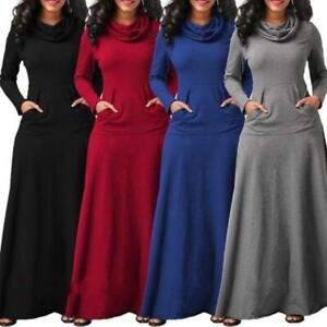 Women Winter High Neck Pullover Dresses Warm Maxi Dress Long Sleeve Solid Color