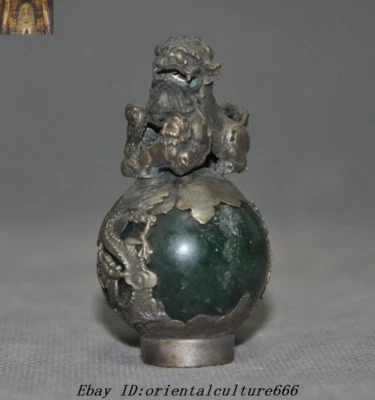 Antigua estatua china Fengshui tibetana con incrustación de plata Jade Foo perro león dragón bestia Foto 1 de 4