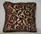 burgundy or red gold floral chenille fringe pillow for sofa chair made usa