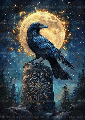 Impresión artística de pájaro espiritual pagano esotérico cuervo oculto lunar cuervo celestial z42 Foto 1 de 1
