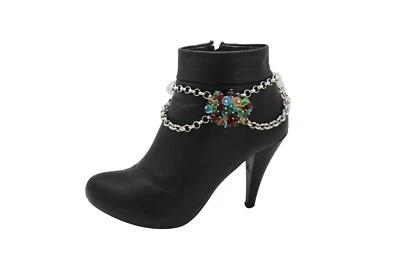 Mujer Plata Metal Bota Cadena Pulsera Zapato Multicolor Cuentas Dije Envoltura Tobillera Foto 1 de 4