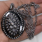 Silver Tone Locket Oval Flower Embossed Textured Chain Link Necklace 24" Photo