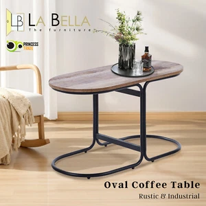 Coffee Table Oval Wooden Top Iron Metal Base Side End Table Industrial - BROWN - Picture 1 of 7
