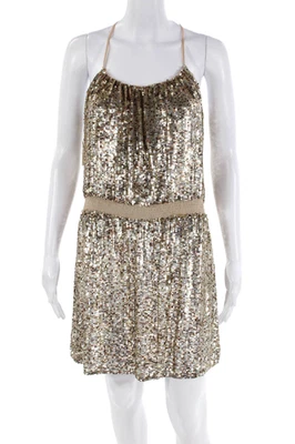 Mini Vestido Parker Para Mujer Sin Mangas Cuello Redondo Secuenciado Acanalado Tono Dorado Talla M Foto 1 de 4