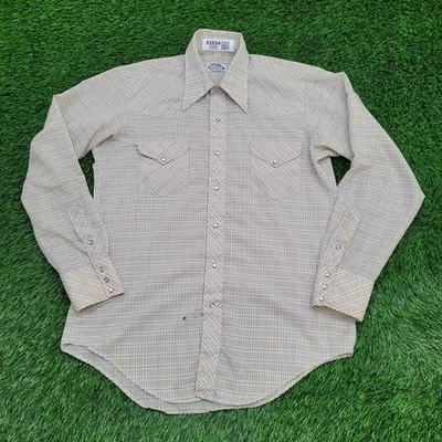 Camisa a Presión Vintage Años 80 Disco MOD Perla Grande 22x31 Beige Cuadros Foto 1 de 4