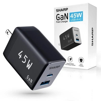 Sharp 45W USB-C Charger Dual Port GaN Fast Wall Adapter Black New - Image 1 of 4