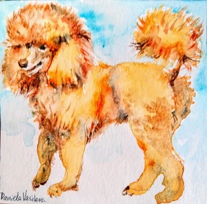 Original Peach poodle Playing dog art Signed Painting,dog lover Best gift 4x4" - Picture 1 of 3