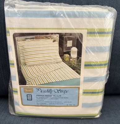 Vintage 70s Sears Picadilly Stripe Double Full Fitted Sheet Blue Green White NEW - Image 1 of 4