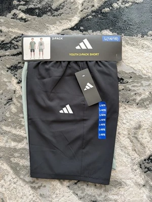 New Adidas Youth 2-Pack Shorts - L (14/16) - Black & Green - Elastic Waist - Image 1 of 4