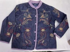 Denim & Co Embroidered Jacket Womens Plus Size Blue Jean Paisley Fall Lined - Picture 1 of 11