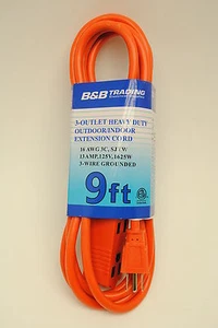 9 FT Orange Indoor Outdoor 3-Outlet Triple Tap 16/3 Grounding Extension Cord - Picture 1 of 7