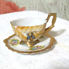 Vintage seltene viktorianische Mini handbemaltes Blatt Hummel vergoldet gold Teetasse Untertasse Set