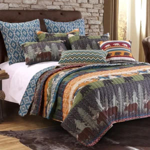 NEW! ~ COZY LODGE HUNTING LEAF BEAR MOUNTAIN LOG CABIN BLUE GREY BROWN QUILT SET - Picture 1 of 1