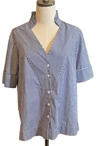 Tuckernuck v-neck button down ruffle collar 1/2 sleeve blue white striped top S - Picture 1 of 8