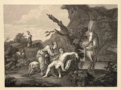 The Good Samaritan Satire 1860 RAR William Hogarth Antik Stahlstich Engraving - Bild 1 von 4