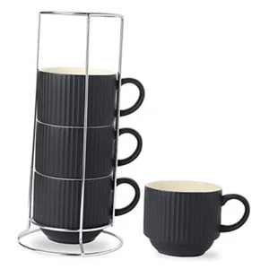 Coffee Mug Ceramic Set of 4 with Stand - 15 oz Stackable 15 Ounces Matte Black - Picture 1 of 7