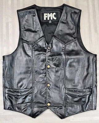 Винтажный байкерский мотоциклетный жилет FMC черная кожа мужской размер 42 - Изображение 1 из 4