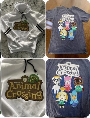 RARE! Animal Crossing Graphic New Horizons Fleece Hoodie White Sz S  & Blue Tee - Image 1 of 4