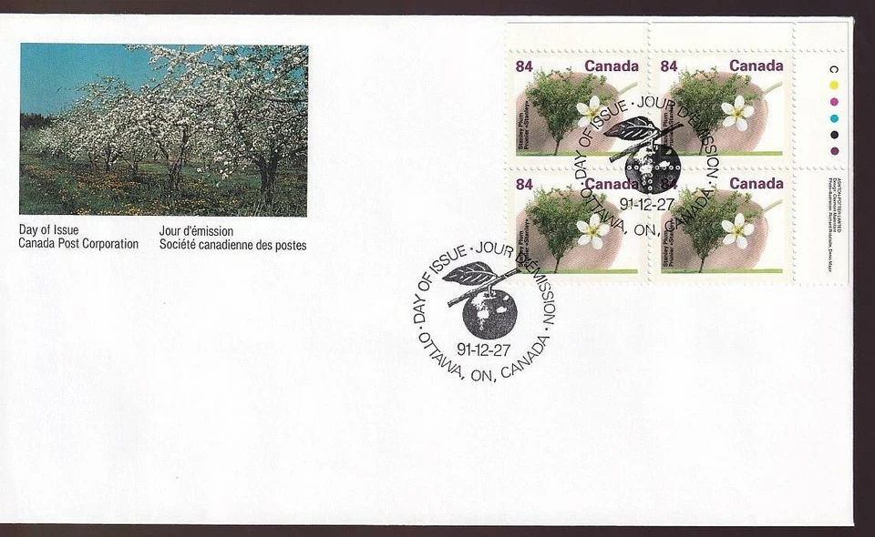 Canada FDC 1991 Fruit Tree 84¢ Stanley Plum, UR inscription PB, sc#1371 - Image 1 of 1