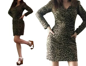 SALE!! SM VTG 70s Fredericks of Hollywood Leopard Faux Wrap Sweater Mini Dress - Picture 1 of 8