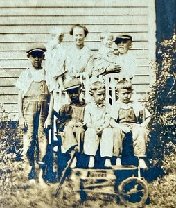 1920s Snapshot Photo Children w Runner Tricycle Denim Overalls - Picture 1 of 4