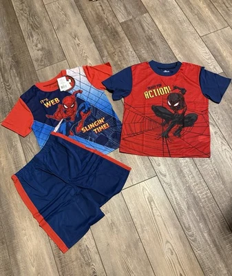 New Marvel Spider-Man Boys Pajamas Set of 3 Size 12 2 Tops & 1 Shorts - Image 1 of 4