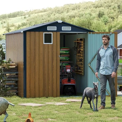 6x8FT Outdoor Metal Tool Shed Compact Steel Brown Storage Shed W/ Lockable Doors - Image 1 of 4