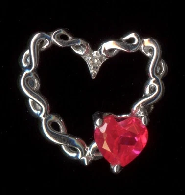10K Solid White Gold 5mm Heart Red Lab-Crated Ruby & Natural Diamond Pendant fJ - Image 1 of 2