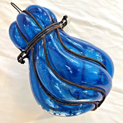 Antique EGYPTIAN Art Nouveau HAND BLOWN Ceiling Light GLOBE ONLY 12" Tall Blue - Image 1 of 4