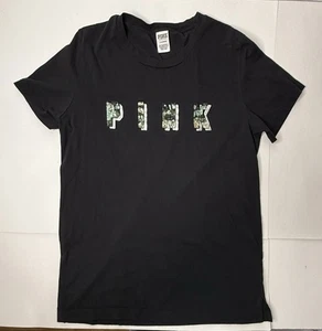 Camiseta Victoria’s Secret ROSA Campus Manga Corta Mujer Talla Grande Lentejuelas Negras - Imagen 1 de 10