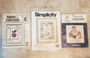 Lot Of 3 Vintage  Counted cross Stitch Full Kits  Simplicity Lizzie High Nature  - Picture 1 of 4