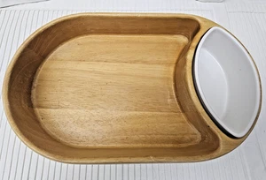 Oval Wood & White Ceramic Snack Tray Hostess Gift Appetizer Server 11 inch - Picture 1 of 8
