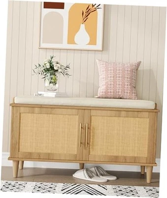 Natural Rattan Shoe Storage Bench with Cushion, Entryway 15"D x 39.4"W x 20"H - Image 1 of 4