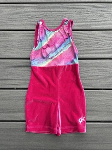 GK Elite Gr. Mädchen/Kinder S Gymnastikanzug ~Rosa Velour Unterteil/Multi Folie~ - Bild 1 von 5