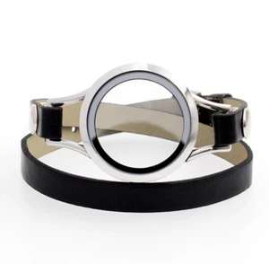 Dije flotante de acero inoxidable con doble correa vidrio con memoria pulsera de cuero - Imagen 1 de 11