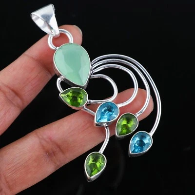 Multi Color Gemstone Handmade Pendant,925 Sterling Silver Jewelry Pendant 2.50" - Image 1 of 3