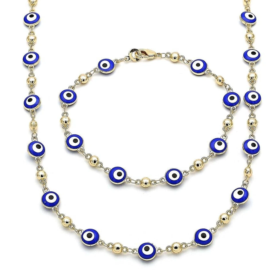 14K GOLD PLATED NECKLACE BRACELET SET WITH ROUND BLUE ENAMEL EVIL EYES  LM455 - Image 1 of 1