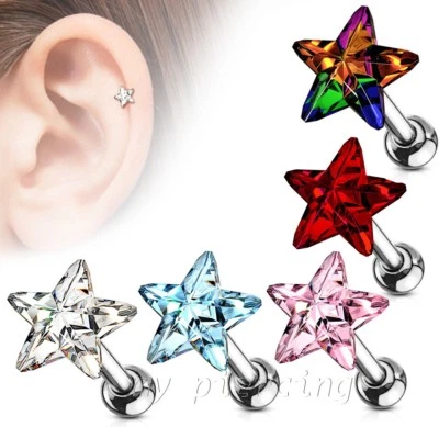Star Crystal Top Surgical Steel Cartilage Tragus Barbell Studs 16G 1/4" 5mm Star - Image 1 of 2