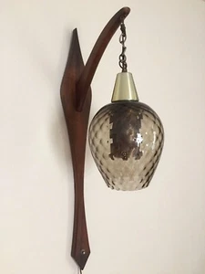 Vintage Mid Century DANISH MODERN Hanging Light TEAK Wall Mount PENDANT Lamp MCM - Picture 1 of 12
