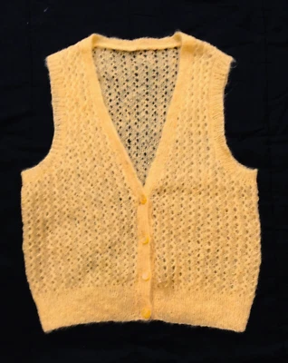 Vintage mohair waistcoat -  hand knit - pale creamy yellow - lacy pattern - M/L - Image 1 of 4