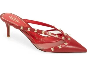 36.5 VALENTINO Sandals Red Leather Mules Rockstud Kitten Heels ALCOVE Pumps 36.5 - Picture 1 of 10