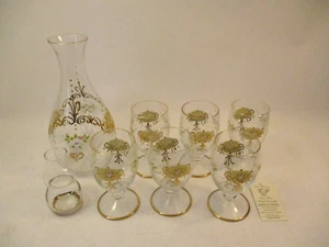 Vintage Linea Murano Art Glass Decanter Set 6 Cups Gold Gilded Painted Flowers - Picture 1 of 12