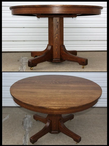 Antique 48"Oak Mission Arts & Crafts Style Round Dining Table Octagon Base CLEAN Cover