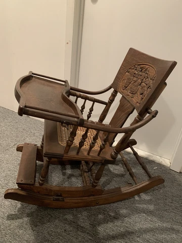Antique Oak Wood Childs Convertible Rocker Highchair Cane Seat Carved Back Cover