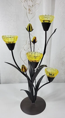 Brown Metal Tea Light Candle Holder 4-Yellow Art Glass Votives 3-Art Glass Buds - Image 1 of 4