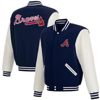 Atlanta Braves Reversible Fleece Jacket with Faux Leather Sleeve (753nvy/wt) - Image 1 of 4