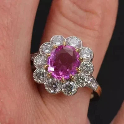 Anillo de compromiso de diamantes y zafiros rosados reales de corte ovalado de 3,30 quilates de oro blanco de 14 quilates Foto 1 de 4